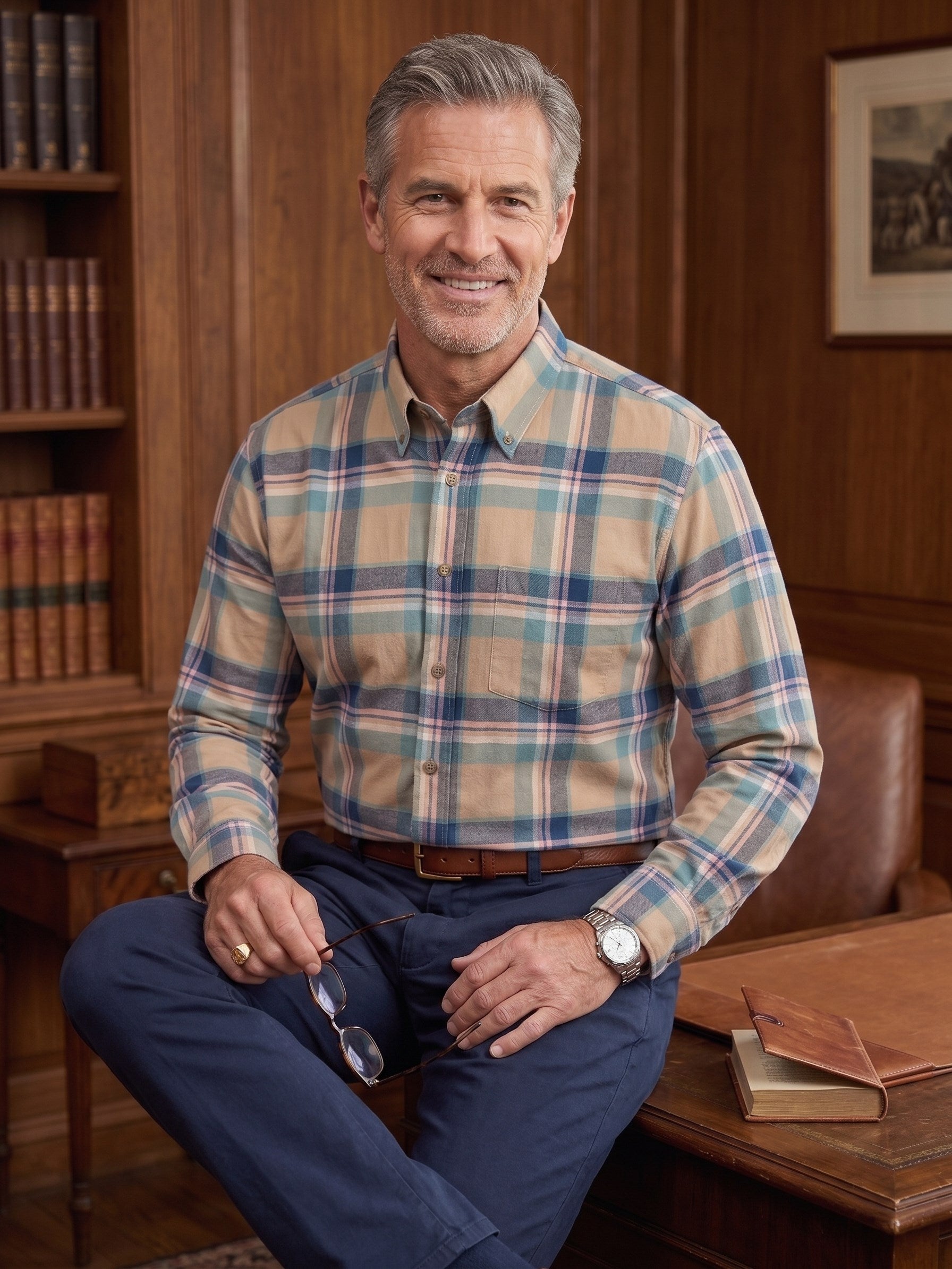 Tan, Blue, and Pink Multi Plaid Cotton and Cashmere Blend '1894 Authentics' Button-Down Shirt by Viyella