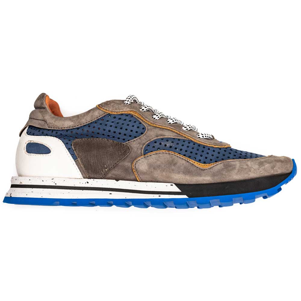Raya Sueded Italian Perforated Calfskin Sneaker in Blue/Taupe by Zelli Italia