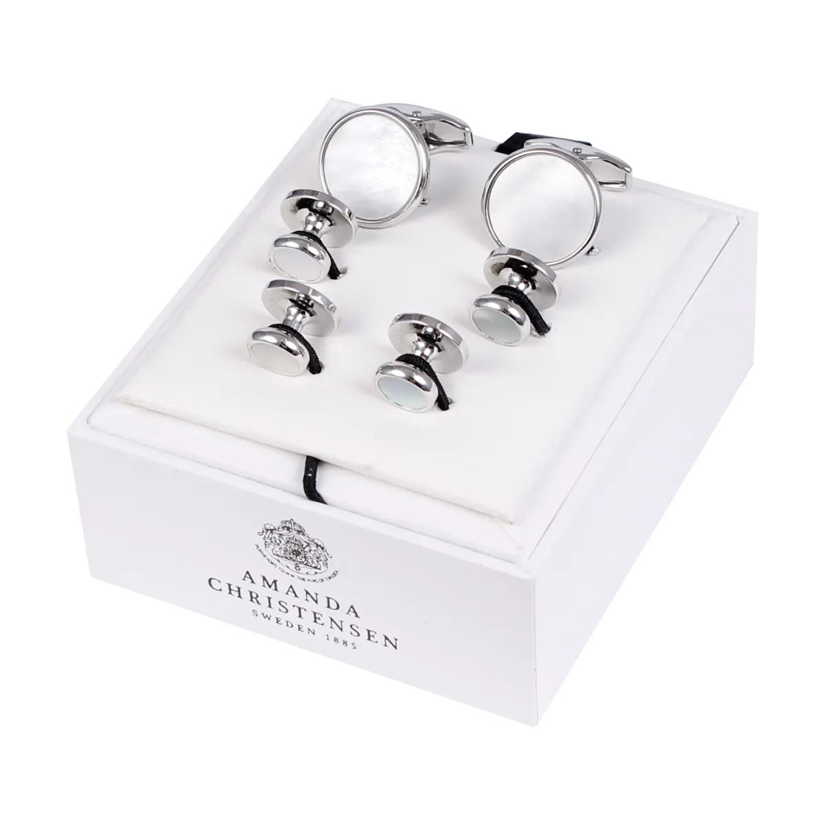 Mother of Pearl Circle Silver-Plated Solid Brass Cufflinks and Studs Set by House of Amanda Christensen