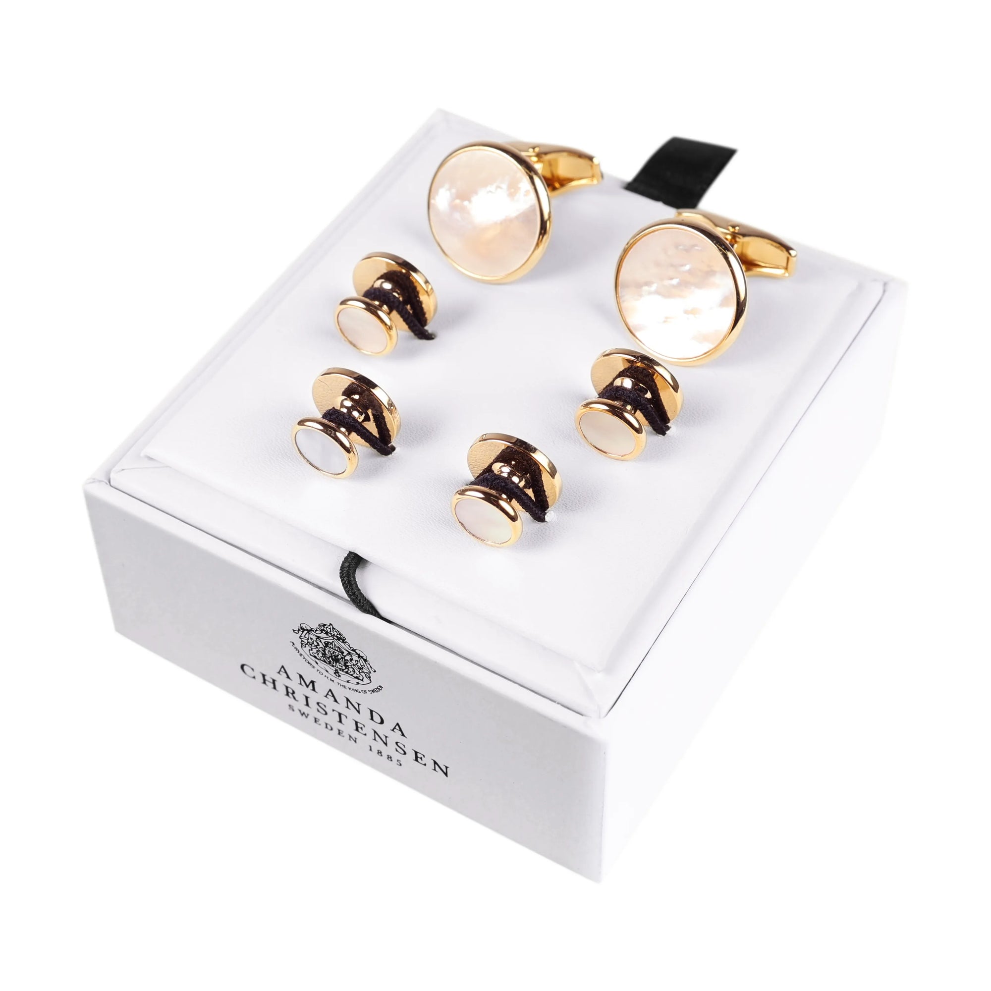 Mother of Pearl Circle Gold-Plated Solid Brass Cufflinks and Studs Set by House of Amanda Christensen