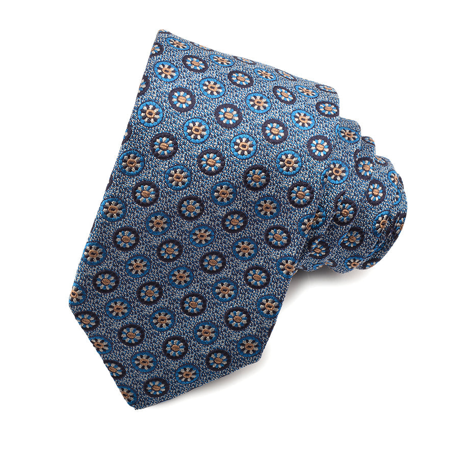 Aqua, Navy, and Sand Daisy Medallion Mélange Woven Silk Jacquard Tie by Dion Neckwear