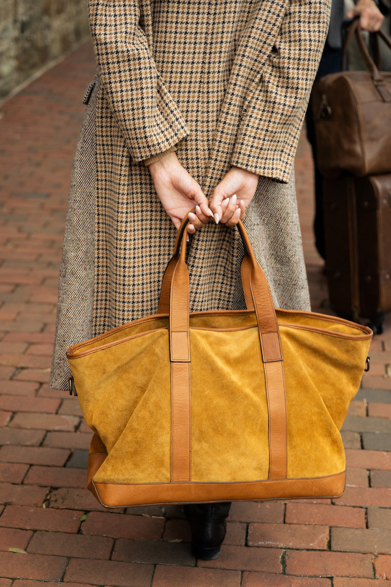 Alex Suede and Leather Travel Bag in Valencia Cider & Valhalla Nutmeg by Moore & Giles