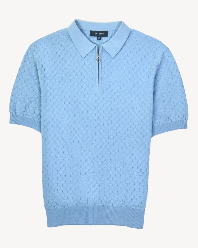 Antonio Honeycomb Weave Pima Cotton Zip Polo in Light Blue (Size XX-Large) by Deletto Italy