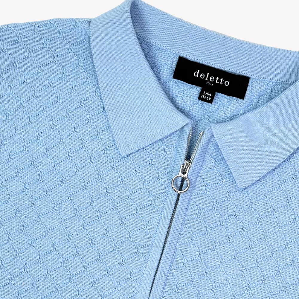Honeycomb Weave Pima Cotton Zip Polo Shirt in Light Blue by Deletto Italy
