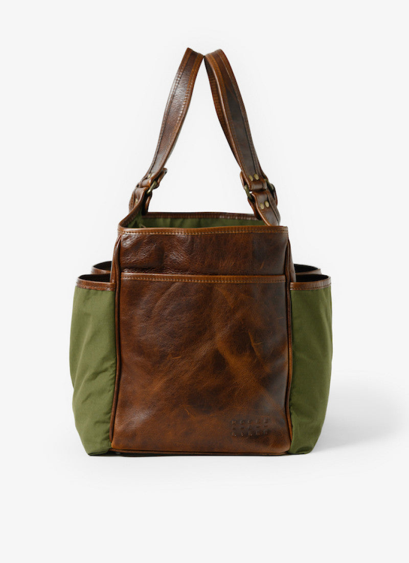 Belle Picnic Tote in Olive Ventile and Titan Milled Brown by Moore & Giles