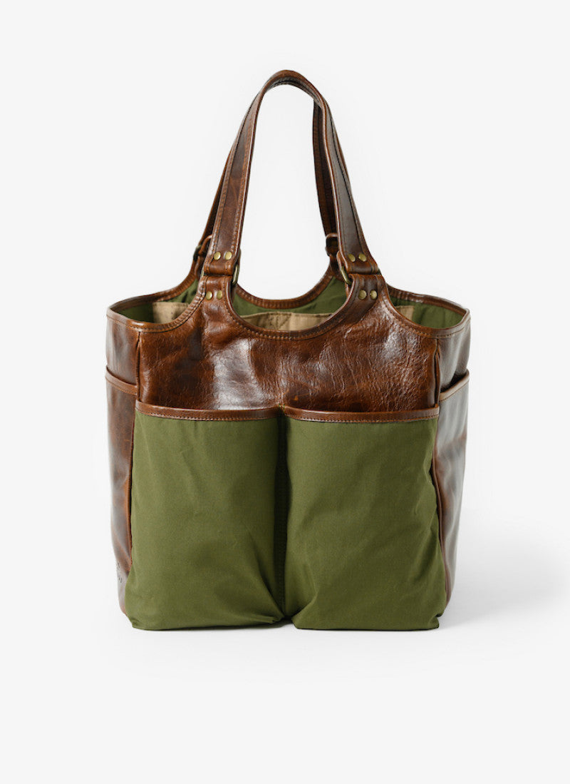 Belle Picnic Tote in Olive Ventile and Titan Milled Brown by Moore & Giles