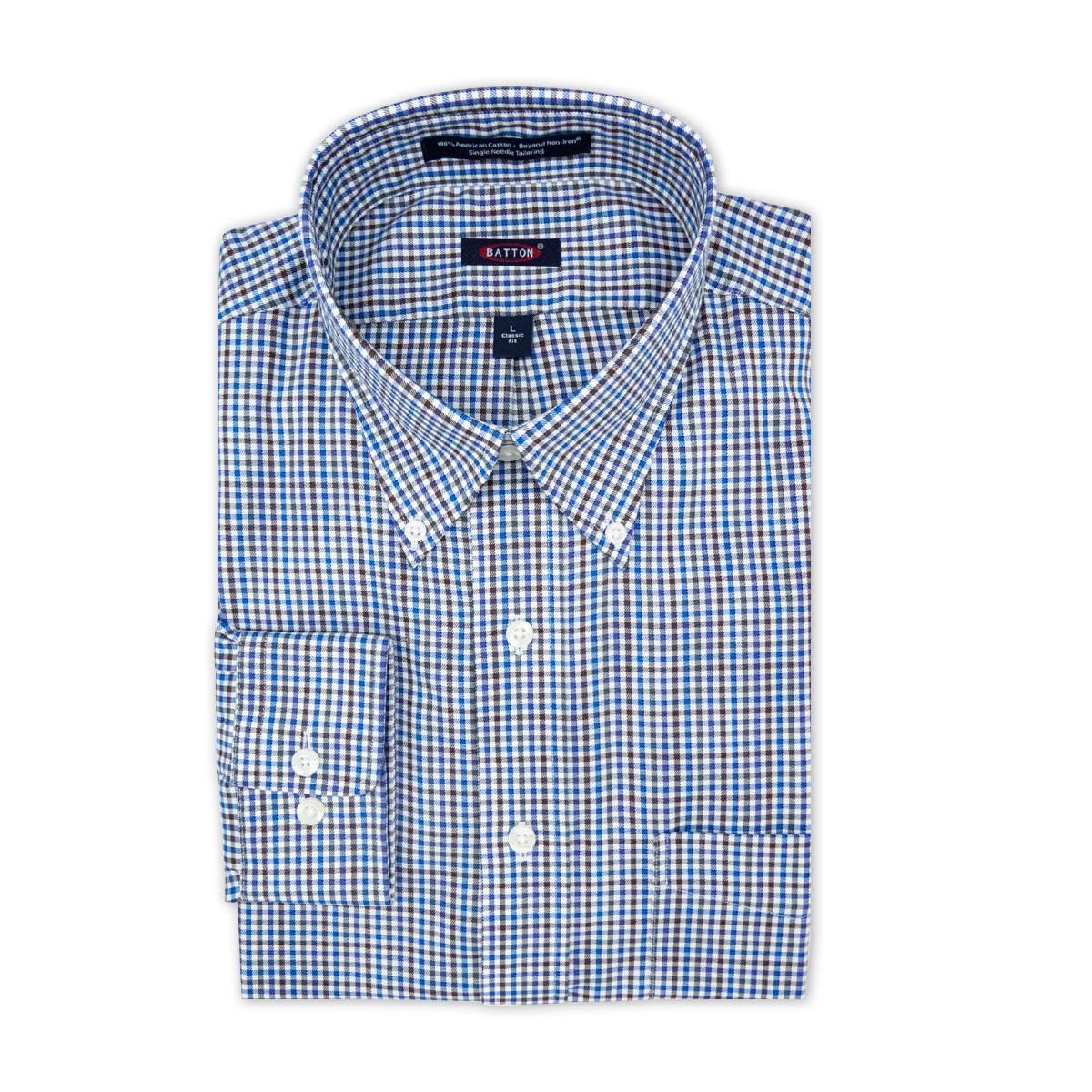 'Brooks' Blue and Olive Plaid Long Sleeve Beyond Non-Iron® Cotton Sport Shirt by Batton