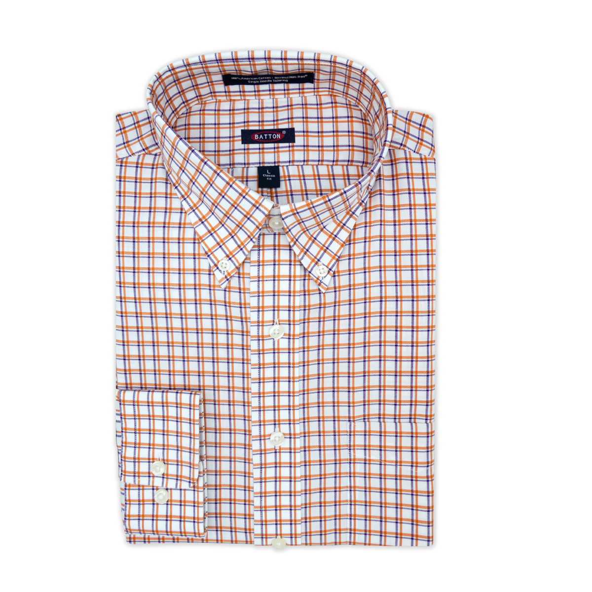 'Clemson' Orange and Purple Check Long Sleeve Beyond Non-Iron® Cotton Twill Sport Shirt by Batton