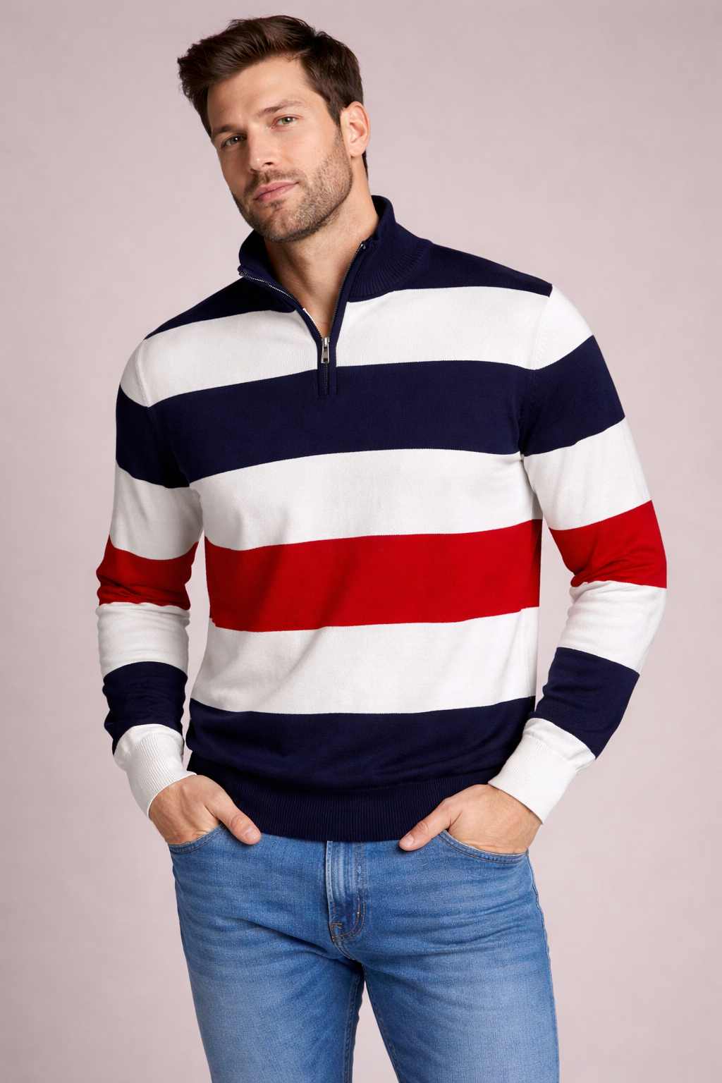 Rugby Stripe Pima Cotton Quarter-Zip Sweater in American Navy by Blue 1899
