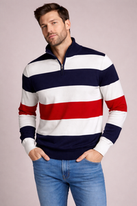 Rugby Stripe Pima Cotton Quarter-Zip Sweater in American Navy by Blue 1899