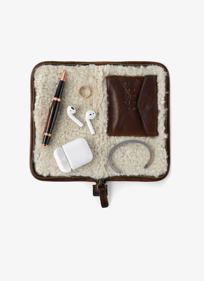 Shearling Lined Accessories Case in Titan Milled Brown by Moore & Giles