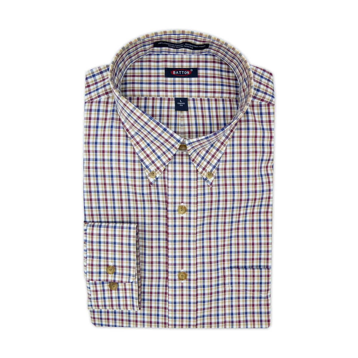 'Darrel' Khaki, Crimson, and Blue Check Long Sleeve Beyond Non-Iron® Cotton Twill Sport Shirt by Batton