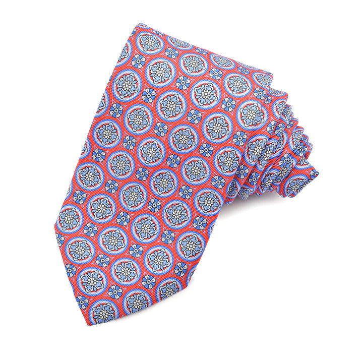 Red, Sky, and French Blue Floral Mandala Woven Silk Jacquard Tie by Dion Neckwear