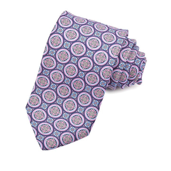 Rose, Pink, and French Blue Floral Mandala Woven Silk Jacquard Tie by Dion Neckwear