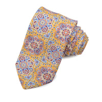 Yellow, Wine, and Powder Blue Floral Mandala Woven Silk Jacquard Tie by Dion Neckwear