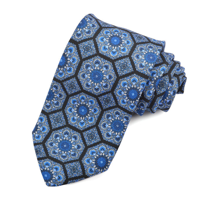 Royal, Black, and French Blue Geometric Mandala Woven Silk Jacquard Tie by Dion Neckwear