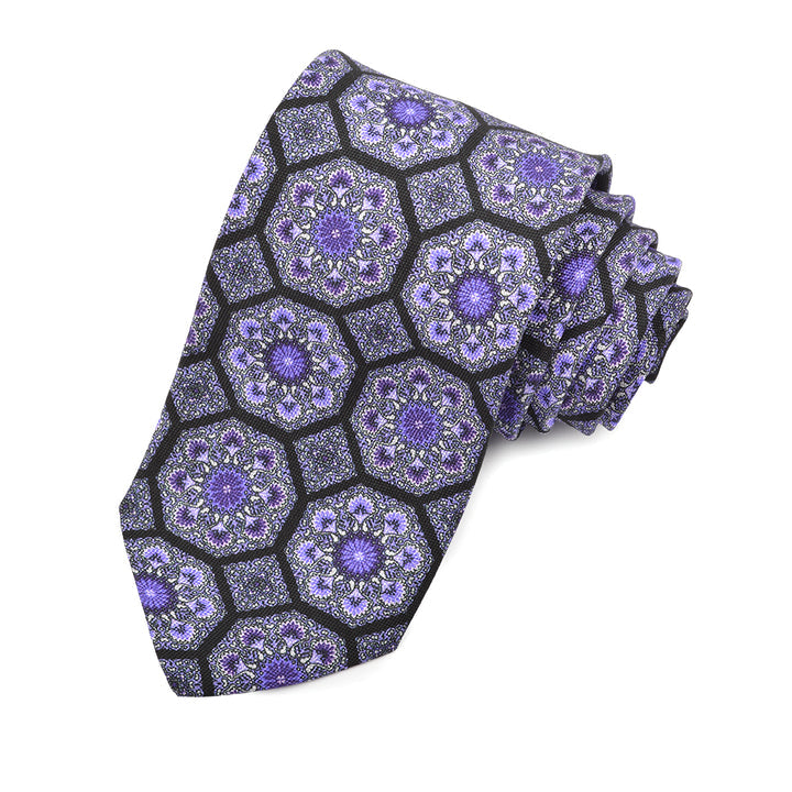 Purple, Grape, and Black Geometric Mandala Woven Silk Jacquard Tie by Dion Neckwear