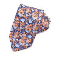 Orange, Melon, and French Blue Floral Bouquet Printed Silk Panama Tie by Dion Neckwear