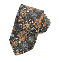 Mocha, Stone, and Black Blossoming Flowers Printed Silk Panama Tie by Dion Neckwear