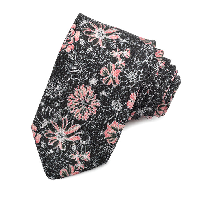 Pink, Blush, and Black Blossoming Flowers Printed Silk Panama Tie by Dion Neckwear