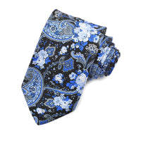 Royal, Powder Blue, and Black Teardrop Florals Printed Silk Panama Tie by Dion Neckwear