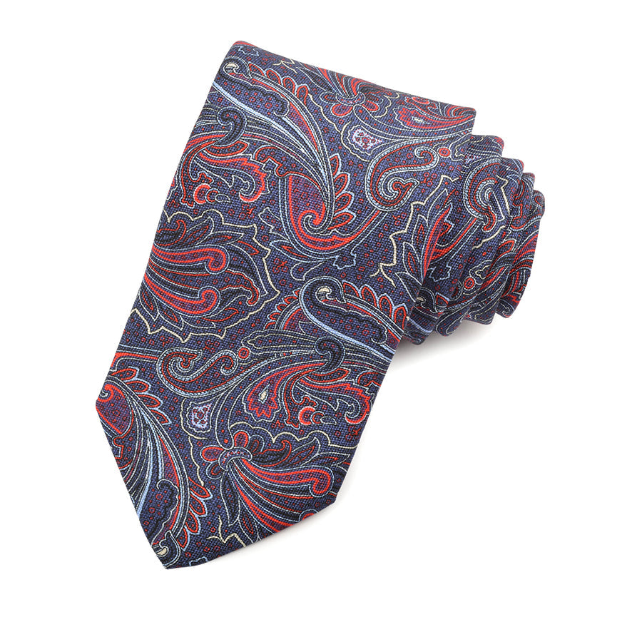 Red, Navy, and Latte Floral Teardrop Printed Silk Panama Tie by Dion Neckwear