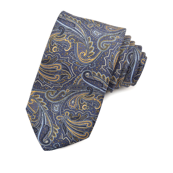 Yellow, Navy, and Latte Floral Teardrop Printed Silk Panama Tie by Dion Neckwear