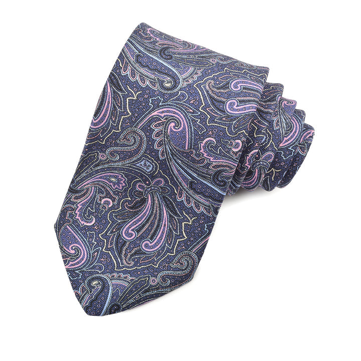 Pink, Navy, and Latte Floral Teardrop Printed Silk Panama Tie by Dion Neckwear