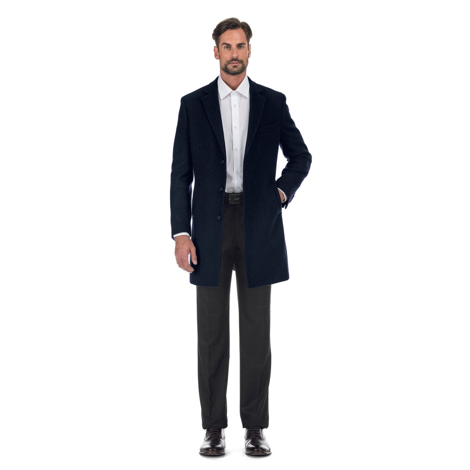 Wool Blend SLIM FIT Single Breasted Top Coat in Navy (Regular & Long Lengths) by English Laundry