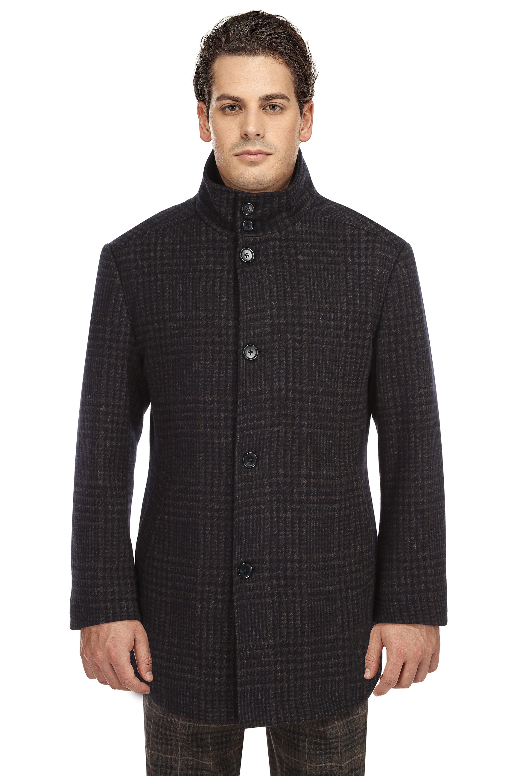 Wool Blend SLIM FIT Overcoat with Standing Collar in Brown & Black Glen Check (Regular, Short, & Long Lengths) by English Laundry