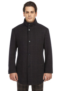 Wool Blend SLIM FIT Overcoat with Standing Collar in Brown & Black Glen Check (Regular, Short, & Long Lengths) by English Laundry