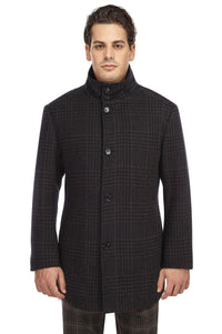 Wool Blend SLIM FIT Overcoat with Standing Collar in Brown & Black Glen Check (Regular, Short, & Long Lengths) by English Laundry