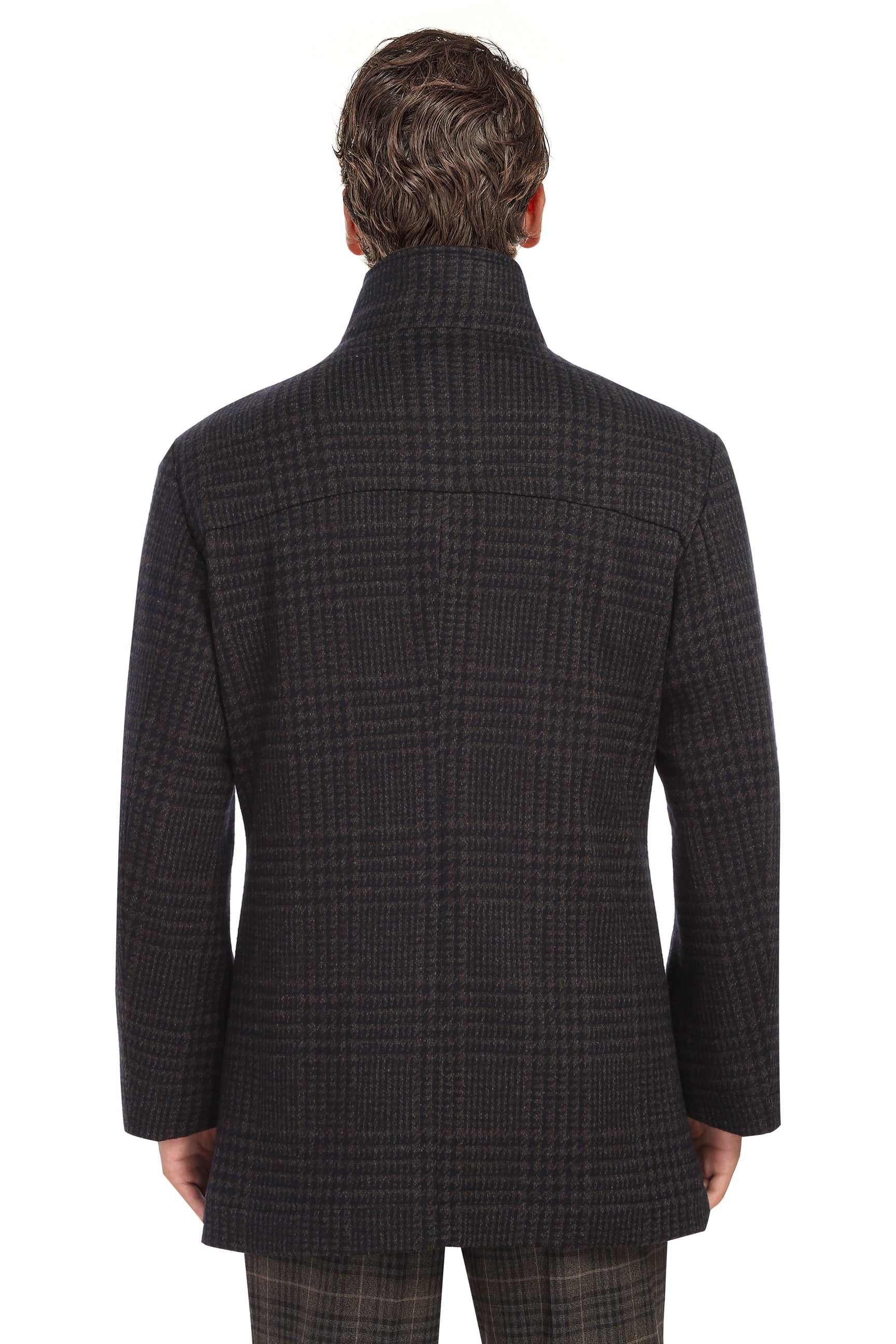Wool Blend SLIM FIT Overcoat with Standing Collar in Brown & Black Glen Check (Regular, Short, & Long Lengths) by English Laundry