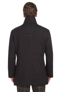 Wool Blend SLIM FIT Overcoat with Standing Collar in Brown & Black Glen Check (Regular, Short, & Long Lengths) by English Laundry