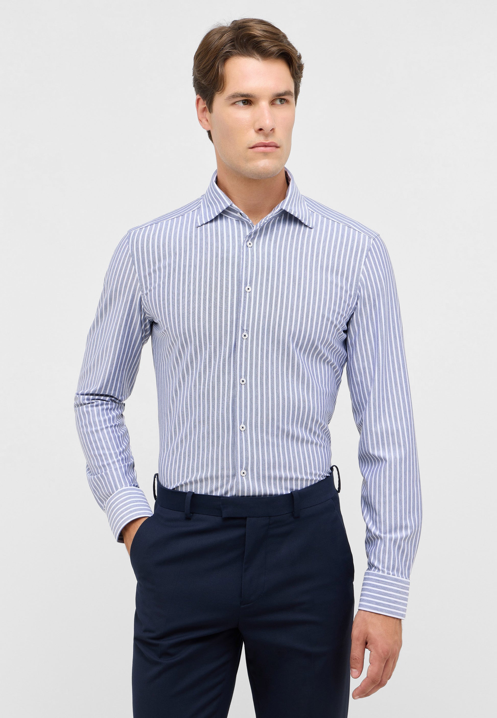 'Japanese Knit Shirt' In Grey Blue Stripe - Slim Fit - Knit Shirt with One Piece Collar by Eterna 1863