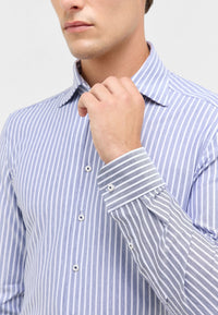 'Japanese Knit Shirt' In Grey Blue Stripe - Slim Fit - Knit Shirt with One Piece Collar by Eterna 1863