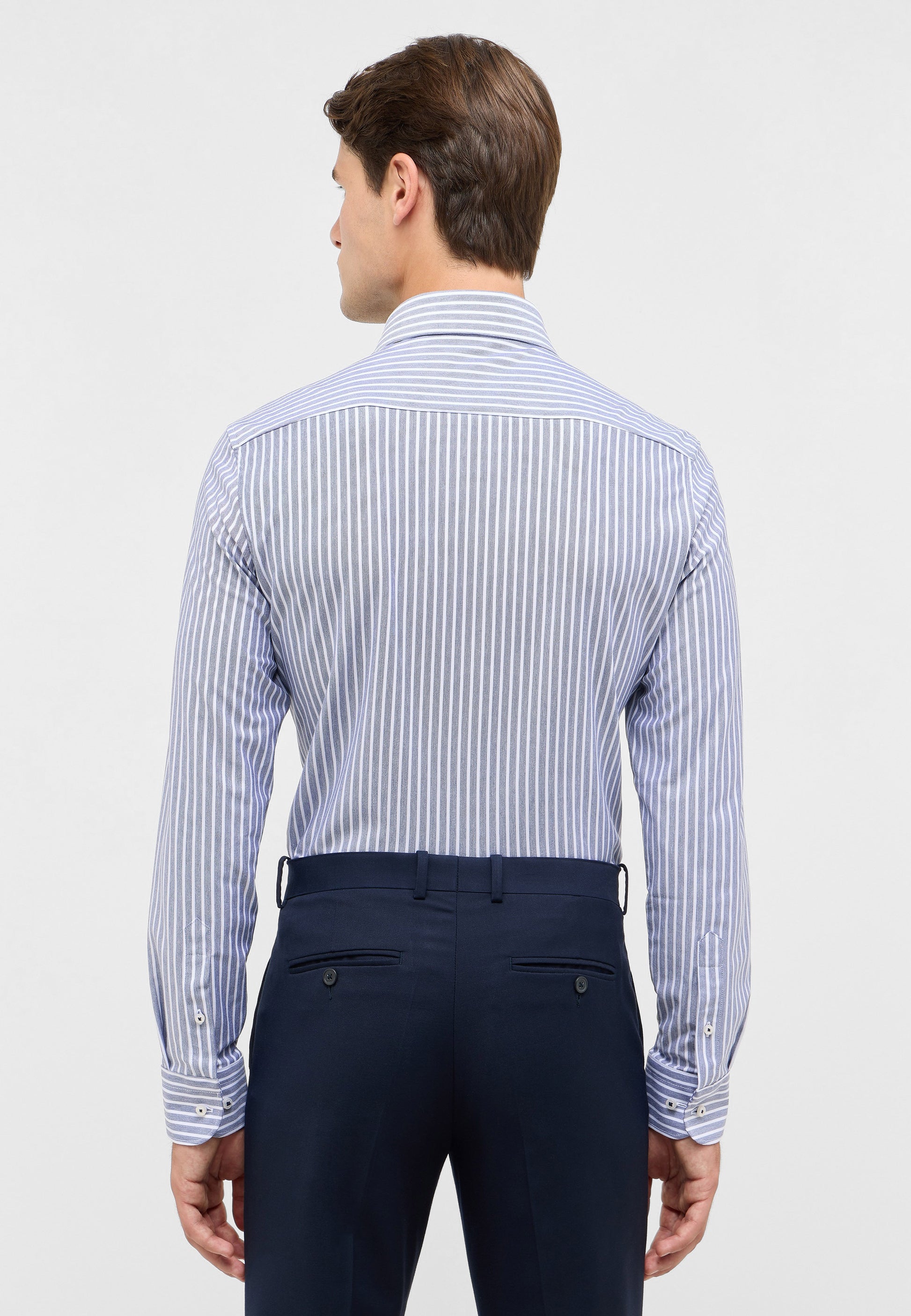 'Japanese Knit Shirt' In Grey Blue Stripe - Slim Fit - Knit Shirt with One Piece Collar by Eterna 1863
