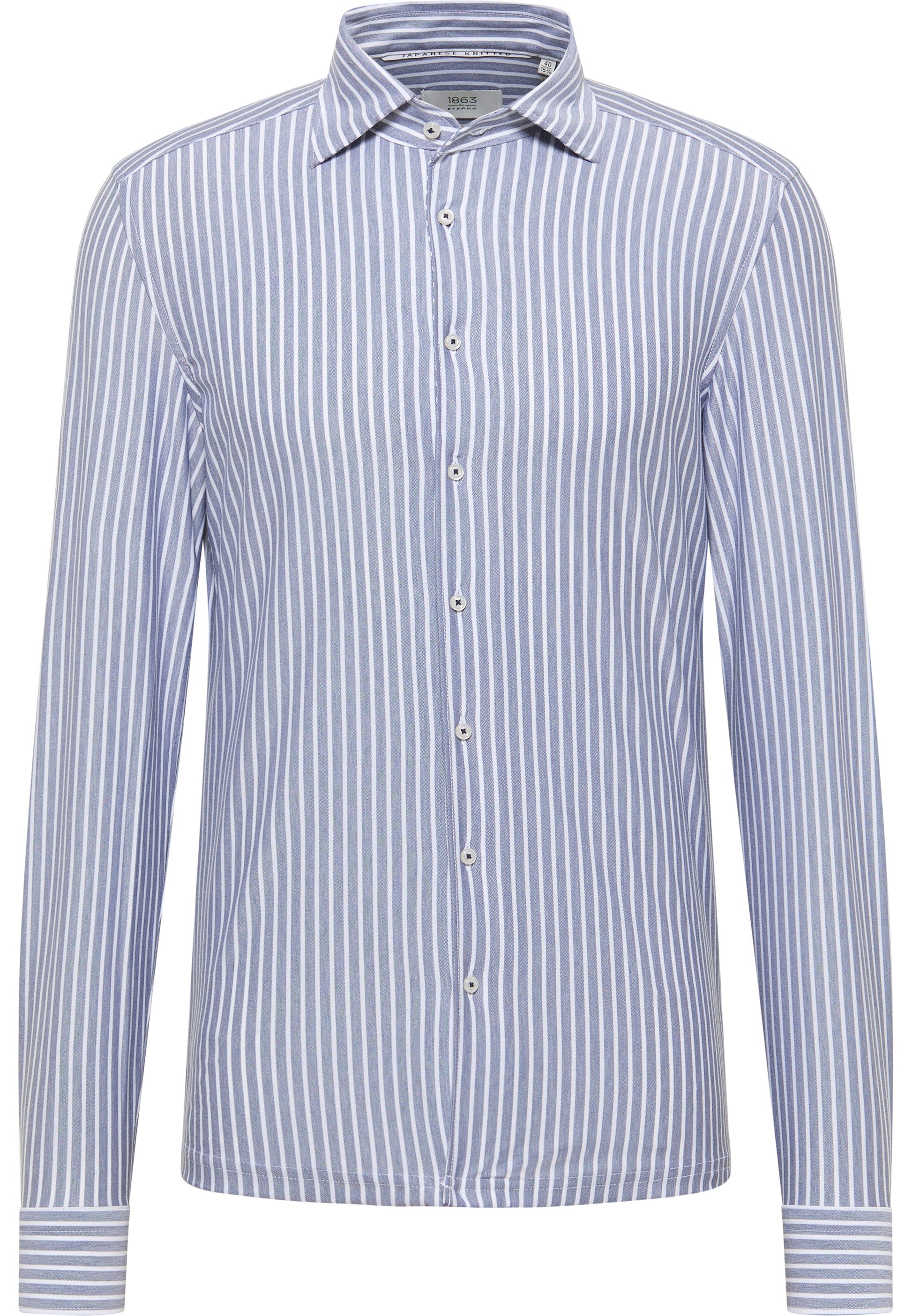 'Japanese Knit Shirt' In Grey Blue Stripe - Slim Fit - Knit Shirt with One Piece Collar by Eterna 1863