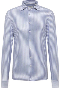 'Japanese Knit Shirt' In Grey Blue Stripe - Slim Fit - Knit Shirt with One Piece Collar by Eterna 1863