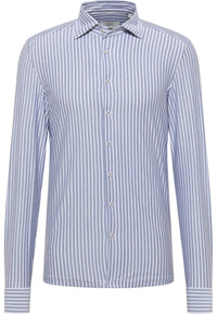 'Japanese Knit Shirt' In Grey Blue Stripe - Slim Fit - Knit Shirt with One Piece Collar by Eterna 1863
