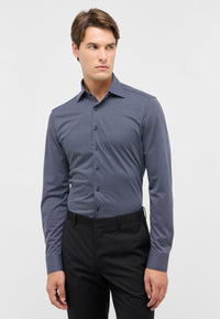 'Japanese Knit Shirt' In Grey Blue Micro Print - Slim Fit - Knit Shirt with One Piece Collar by Eterna 1863