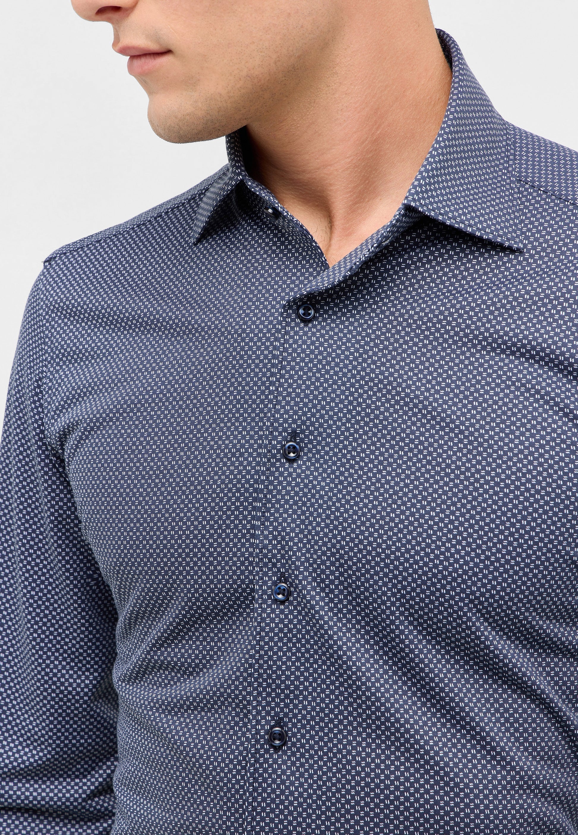 'Japanese Knit Shirt' In Grey Blue Micro Print - Slim Fit - Knit Shirt with One Piece Collar by Eterna 1863