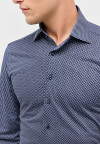 'Japanese Knit Shirt' In Grey Blue Micro Print - Slim Fit - Knit Shirt with One Piece Collar by Eterna 1863