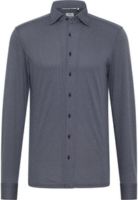 'Japanese Knit Shirt' In Grey Blue Micro Print - Slim Fit - Knit Shirt with One Piece Collar by Eterna 1863