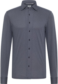 'Japanese Knit Shirt' In Grey Blue Micro Print - Slim Fit - Knit Shirt with One Piece Collar by Eterna 1863