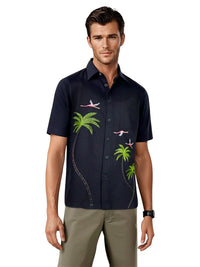 'Flamingo Coast' Embroidered Short Sleeve Resort Hawaiian Shirt in Black by Weekender