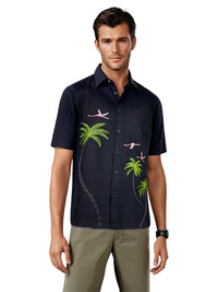 'Flamingo Coast' Embroidered Short Sleeve Resort Hawaiian Shirt in Black by Weekender