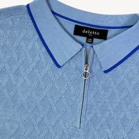Francesco Diamond Knit Silk and Pima Cotton Zip Polo in Light Blue by Deletto Italy