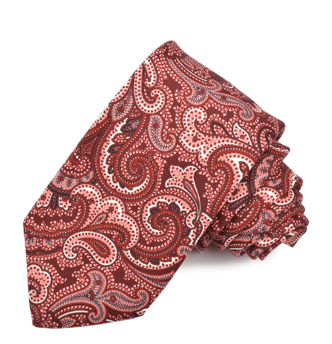 Burgundy, Red, Pink, and Latte Paisley Printed Mogador Silk and Cotton Tie by Dion Neckwear