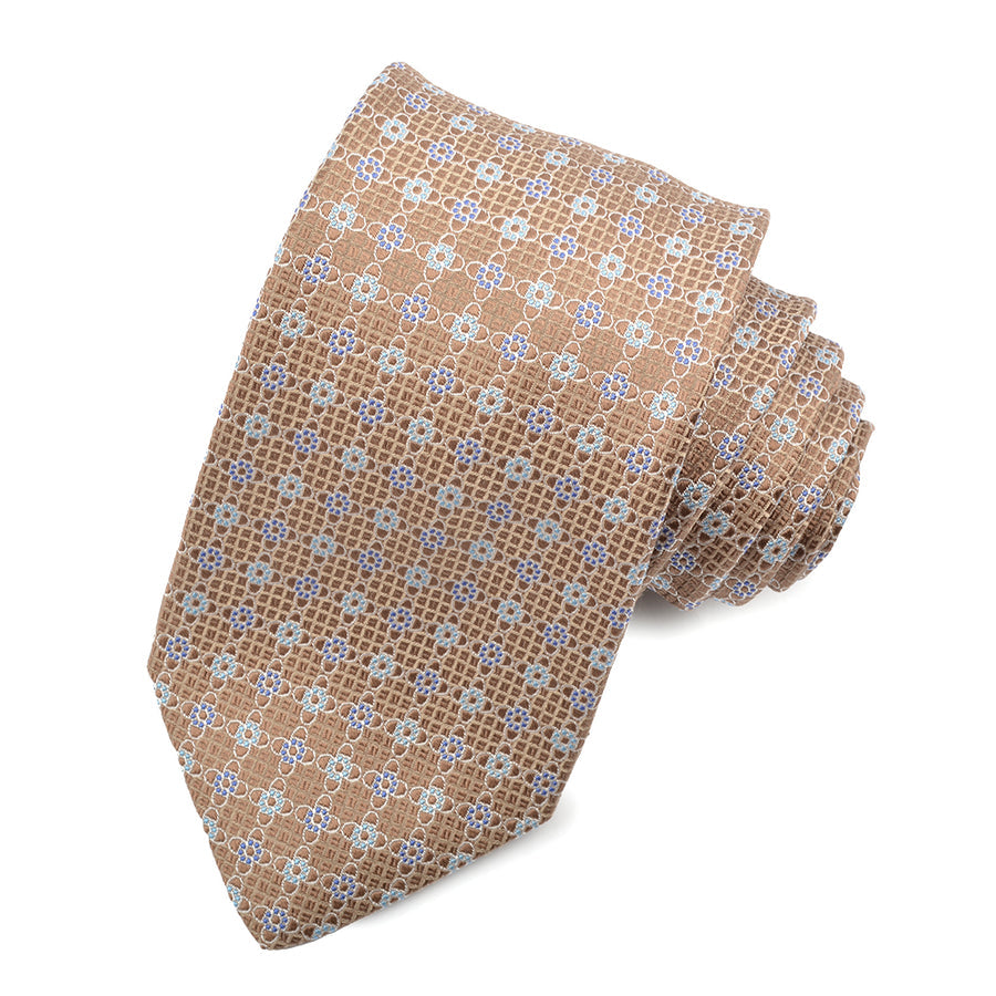 Tan, French Blue, and Sky Micro Floral Medallion Woven Silk Jacquard Tie by Dion Neckwear